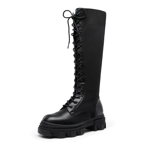 Lace Up Knee High Boots - BLACK KNITTING -  0